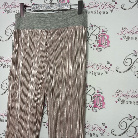 Shimmer pants blush rose gold shiny sparkly stretchy flare leg with grey waist - Picture 8 of 11